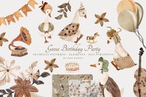 Vintage Goose Birthday Party Watercolor Collection