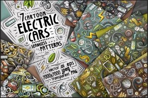 Electric Cars Cartoon Doodle Seamless Patterns