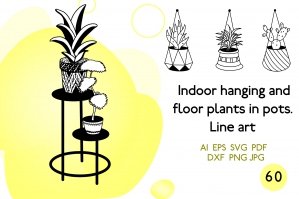 Indoor Hanging And Floor Plants Line Art