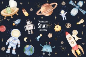 Watercolor Cute Space Clipart Collection