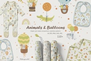 Animals And Air Balloons Clipart & Pattern For Kids