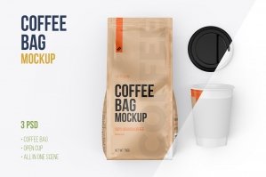 Coffee Bag With Open Cup Top View Mockup - 3 PSD