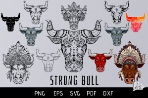 Vector Set Of Strong Bulls Head With Ornaments -12 Variations