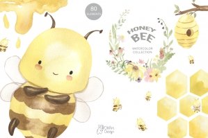 Honey Bee Clipart And Meadow Flowers Watercolor