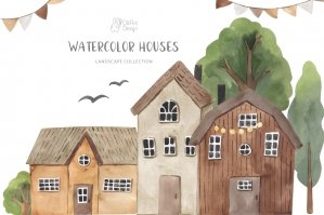 Houses Watercolor Landscape Clipart
