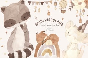 Boho Woodland Animals Watercolor Clipart