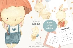 Bunnies And Calendar 2023 Watercolor Clipart