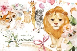 Watercolor Tropical Baby Animals