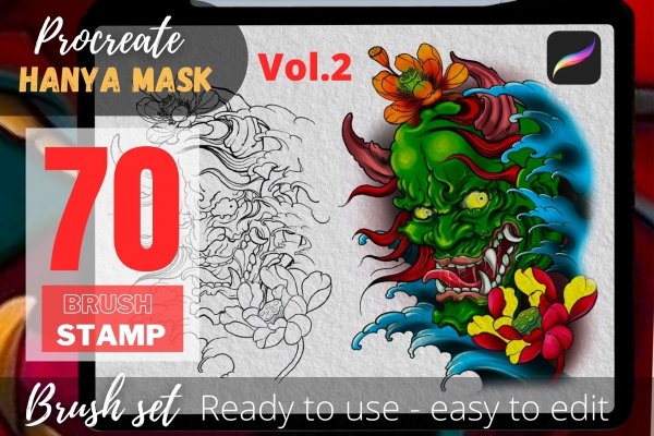 530 Japanese tattoo procreate stamps  Dragon, Tiger, Carp, Snake, Hannya,  Samurai, Daruma, Skull,.