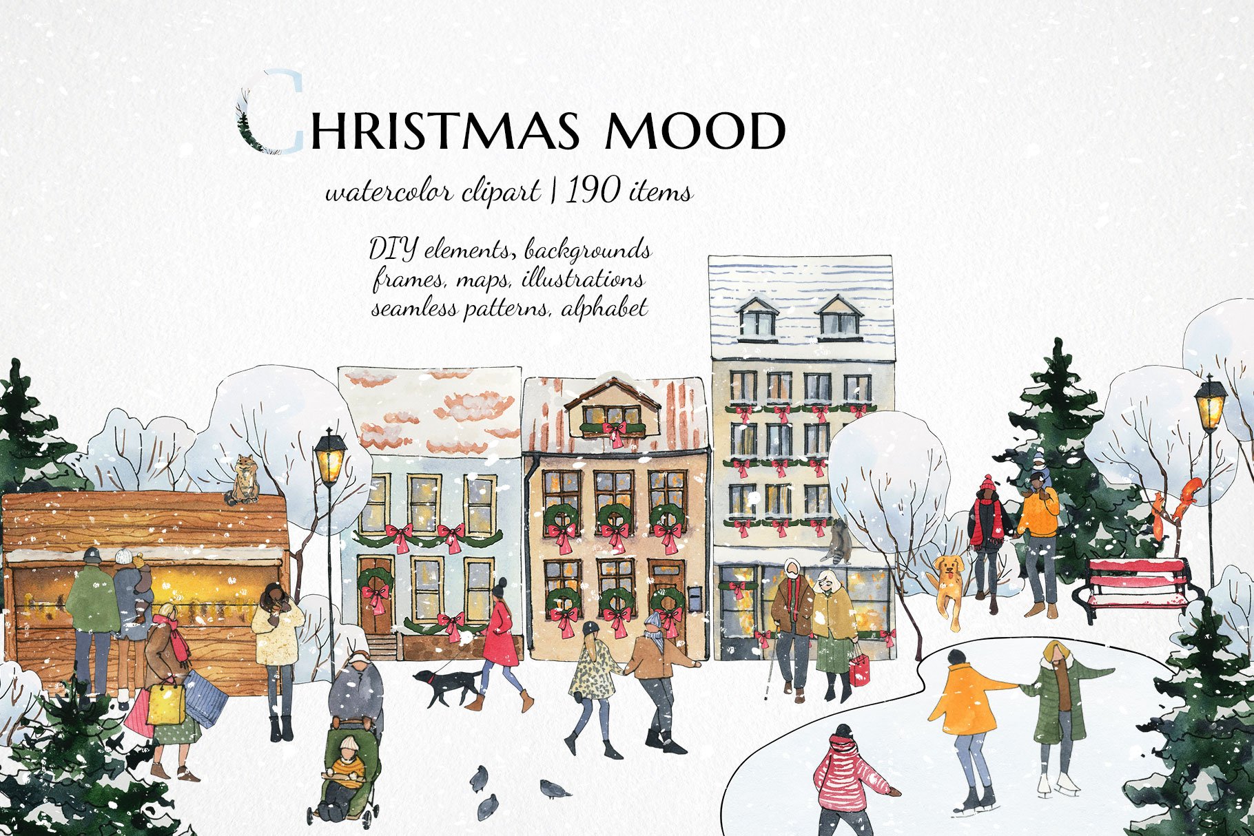 Christmas House Clipart | Winter City Scene Creator | Watercolor Landscape PNG