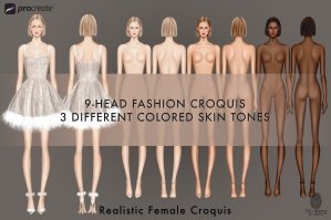 Female Fashion Croquis Template - Front And Back - 3 Different Colored Skin Tones