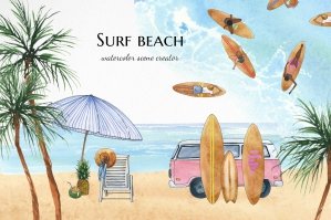Watercolor Beach Clipart | Surf Travel Clip Art