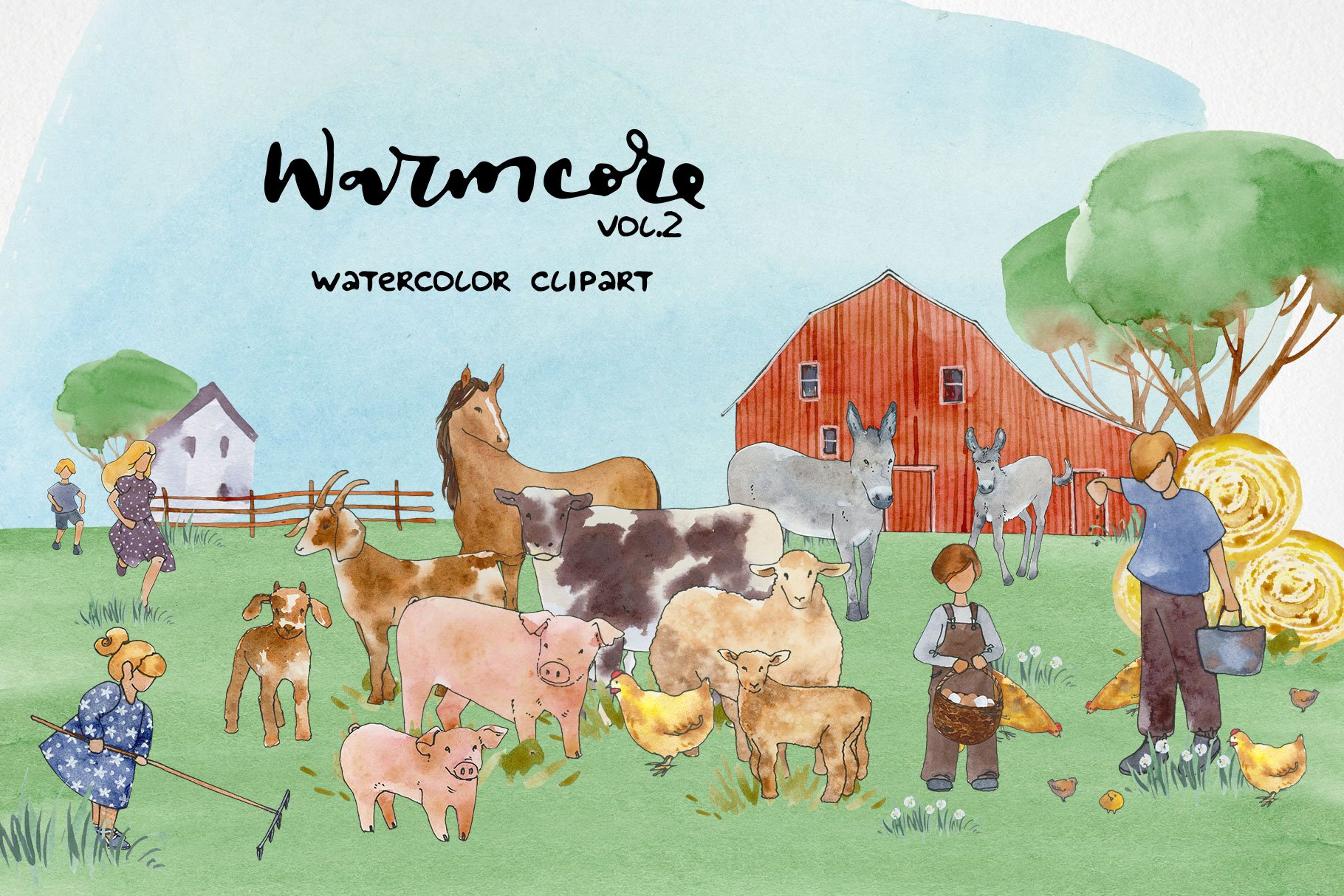 Farm Animal Clipart | Watercolor Kids Clip Art - Design Cuts