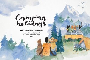 Watercolor Travel Clipart | Mountain Camping PNG