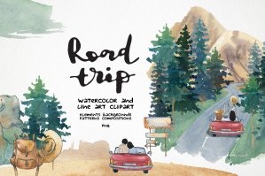 Road Trip Clipart | Watercolor Car Travel PNG