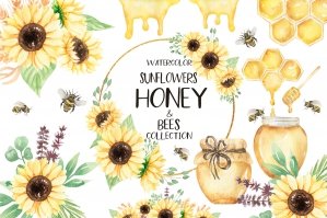 Watercolor Hand Painted Sunflowers Honey And Bees Clipart Collection