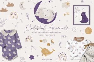 Celestial Animals Kids Clipart & Seamless Pattern