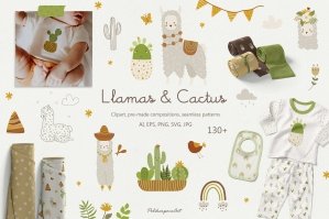 Llamas & Cactus Kids Illustration And Seamless Patterns