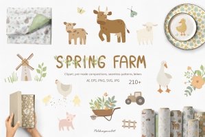Spring Farm Animals Kids Clipart And Seamless Patterns