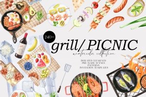 Grill And Picnic Watercolor Clipart Set