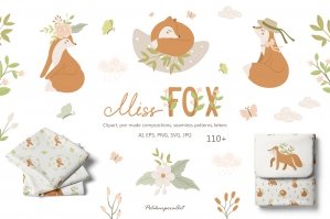 Miss Fox Kids Clipart & Seamless Patterns