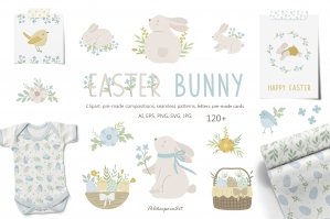 Easter Bunny Kids Clipart & Seamless Pattern