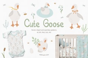 Cute Goose Clipart & Seamless Patterns For Kid
