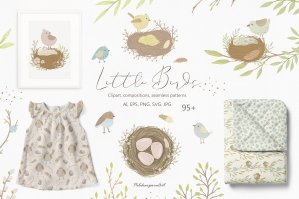 Little Spring Birds Clipart & Seamless Pattern Kids