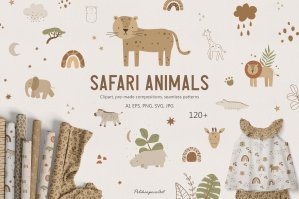 Safari Animals Kids Clipart And Seamless Patterns