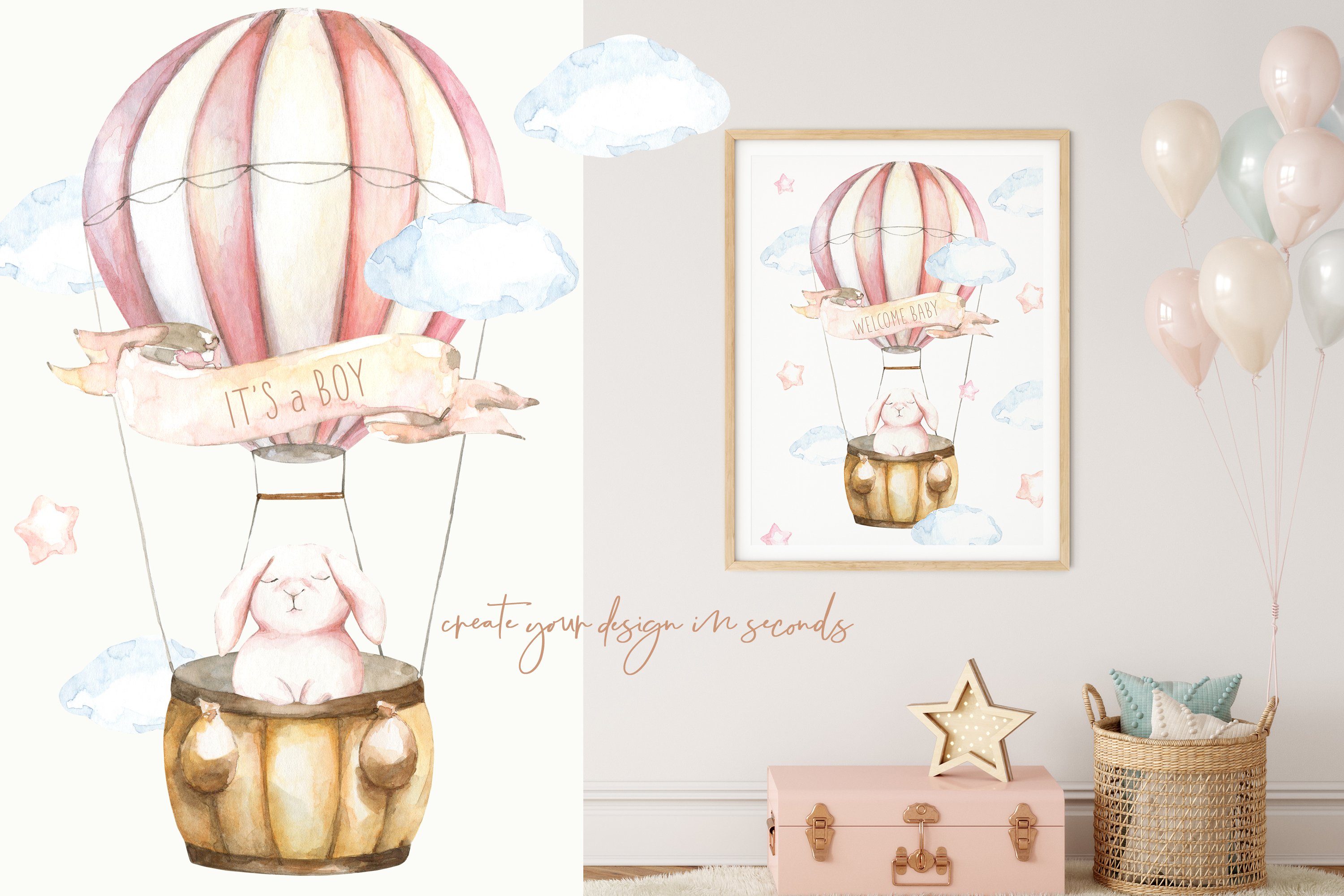 Over The Sky Spring Easter Bunnies Watercolor Set