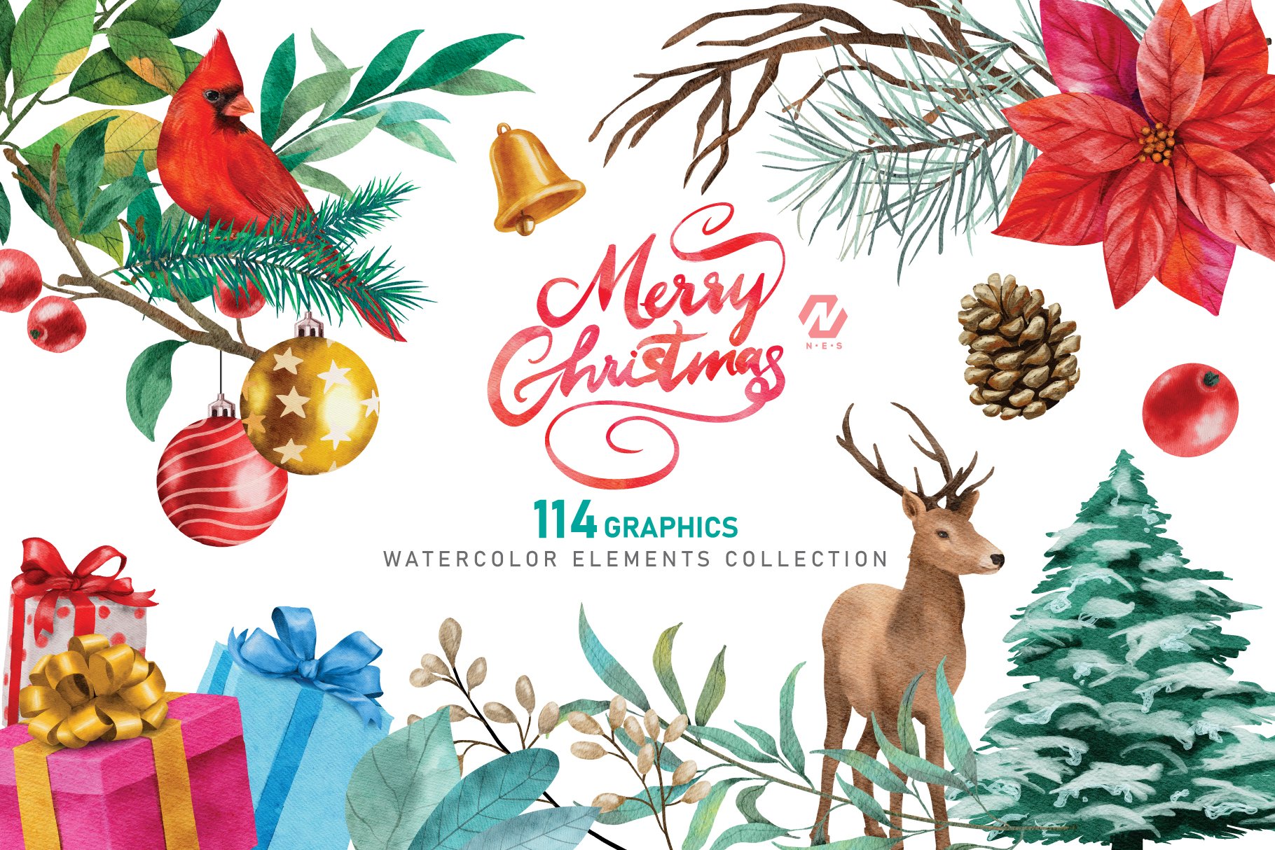 Christmas Watercolor Elements Cliparts - Design Cuts