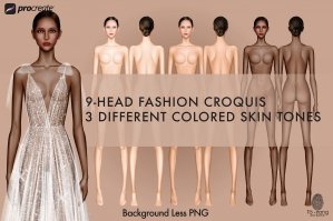 Female Fashion Croquis Templates - Front And Back - 3 Different Colored Skin Tones - 9 - Head Fashion Figure