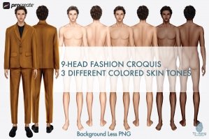 Male Fashion Croquis Templates - Front And Back - 3 Different Colored Skin Tones