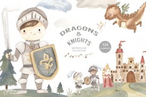 Dragons And Knights Watercolor Clipart
