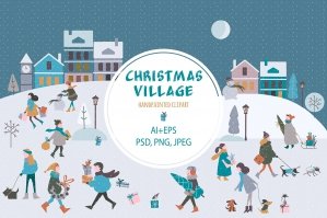 Christmas Village Clip Art Vector Winter Town People Characters