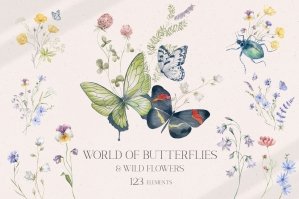 World Of Butterflies & Wild Flowers - Watercolor Crests Frames Hairstyle & Patterns