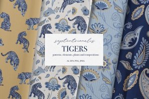 Navy-blue Tigers And Paisley Plants Vector Patterns Elements Compositions