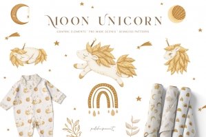 Moon Unicorn Kids Illustration & Seamless Patterns