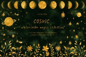 Cosmic Watercolor Green Celestial Clipart