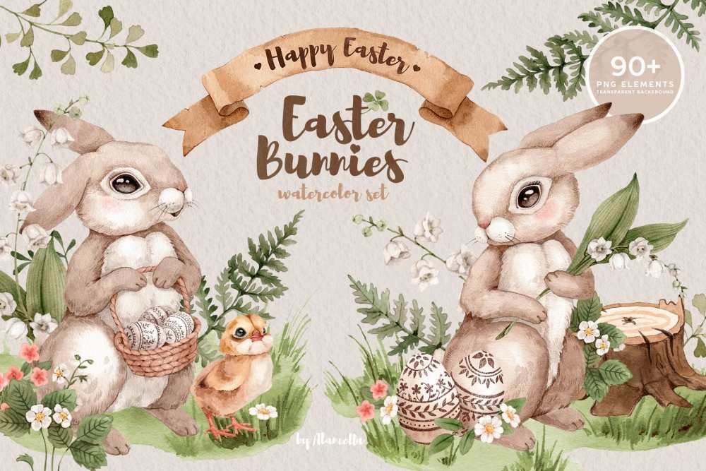 Watercolor Forest Easter Bunnies