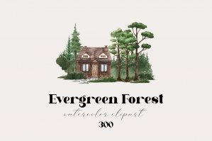 Watercolor Evergreen Forest And Mountains Clipart