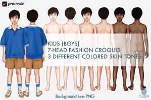 Kids Boys Fashion Figure Templates - 3 Different Colored Skin Tones - Children's Fashion Croquis - Front And Back