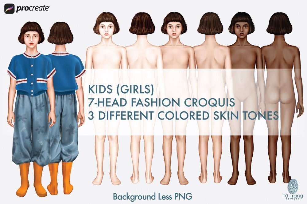 Kids Girls Fashion Figure Templates - 3 Different Colored Skin Tones -  Children's Fashion Croquis - Front And Back - Design Cuts