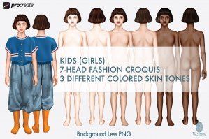 Kids Girls Fashion Figure Templates - 3 Different Colored Skin Tones - Children's Fashion Croquis - Front And Back