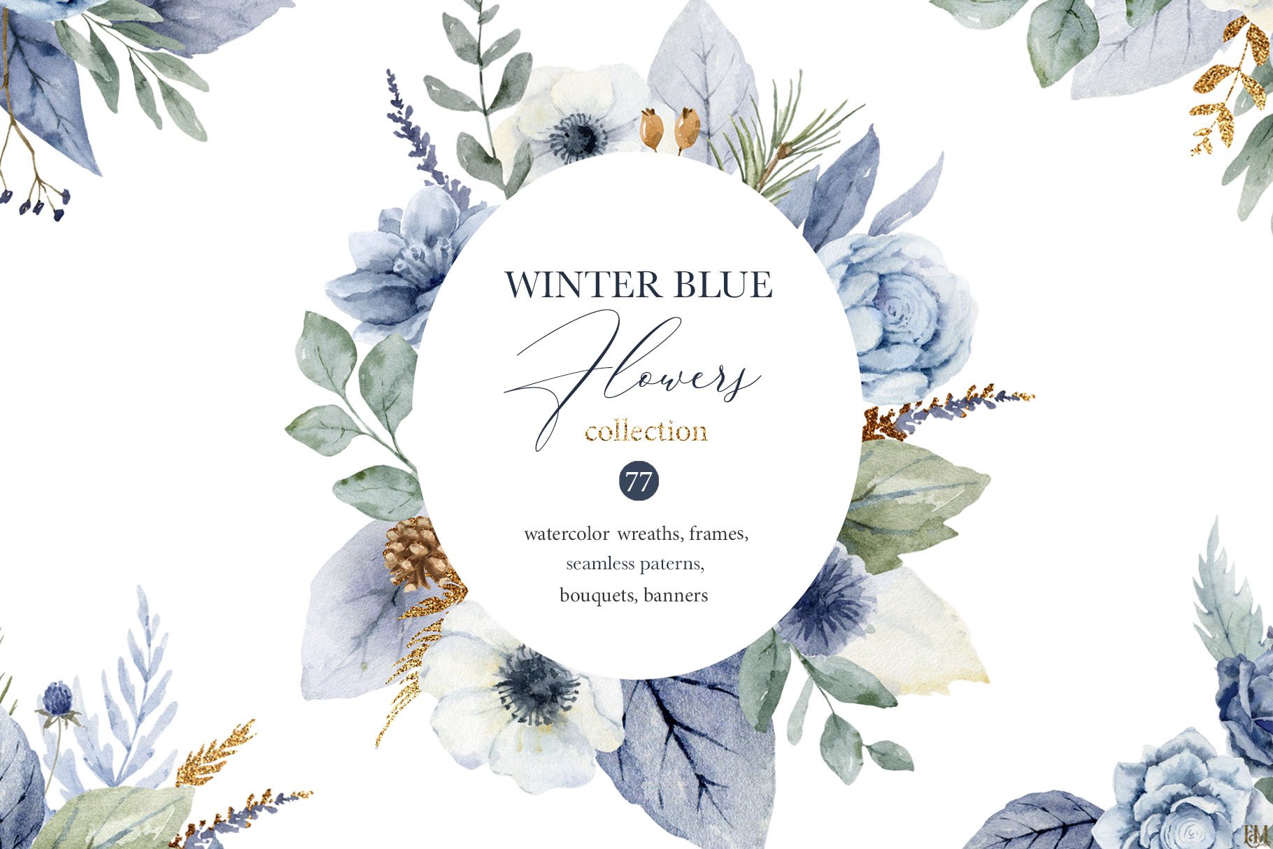 Watercolor Winter Blue Flowers - Design Cuts