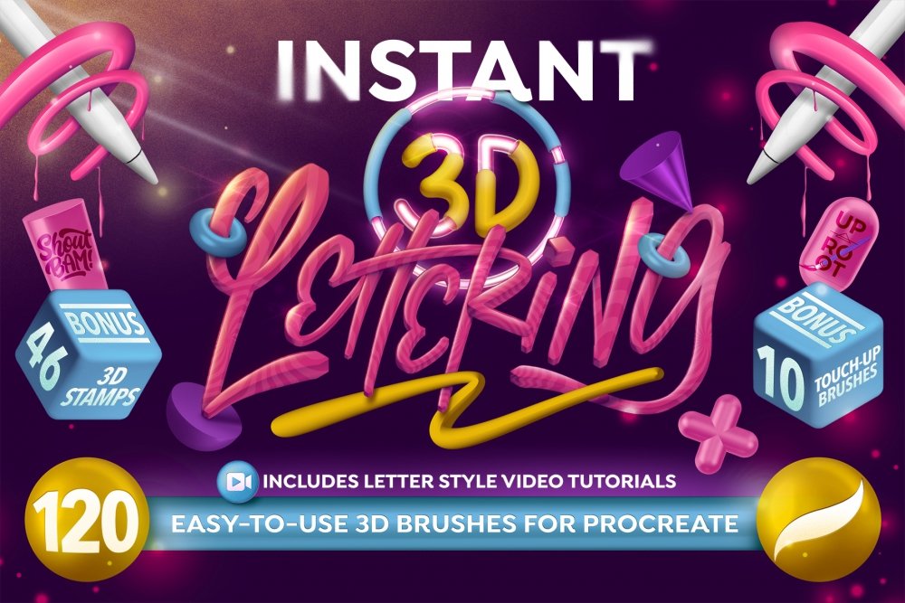 Instant 3D Lettering For Procreate - Brushes & Stamps