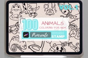 100 Animal Coloring Pages Procreate Stamps Vol1