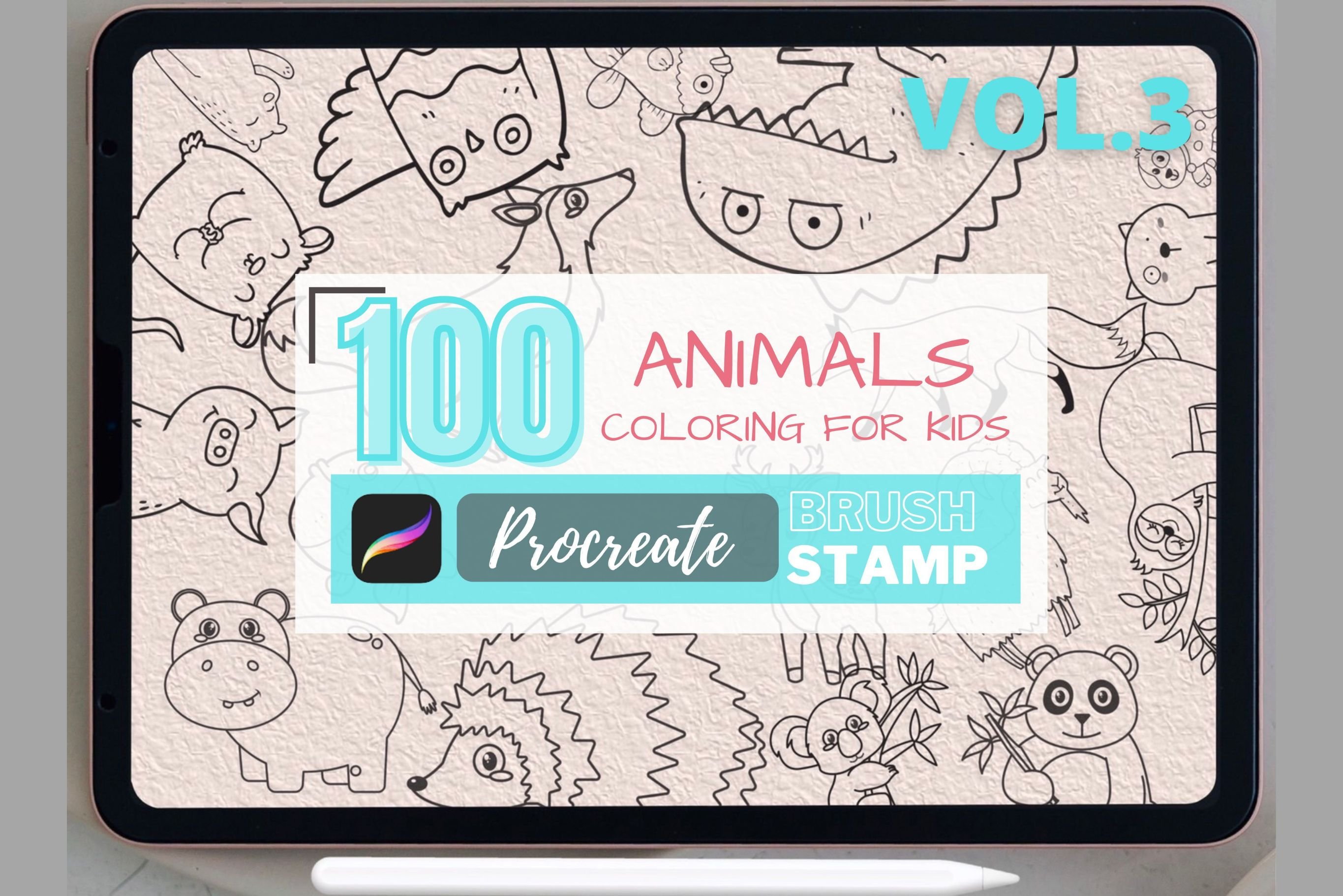 100 Animal Coloring Pages Procreate Stamps Vol3 - Design Cuts