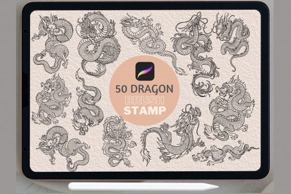 530 Japanese tattoo procreate stamps  Dragon, Tiger, Carp, Snake, Hannya,  Samurai, Daruma, Skull,.