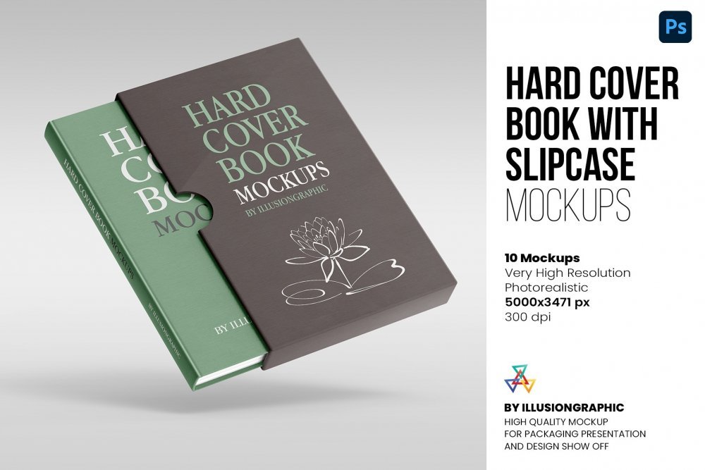 Hard Cover Book with Slipcase Mockup – 10 views